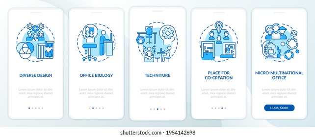 Workspace tendency onboarding mobile app page screen with concepts. Diverse styles, co-creation walkthrough 5 steps graphic instructions. UI, UX, GUI vector template with linear color illustrations