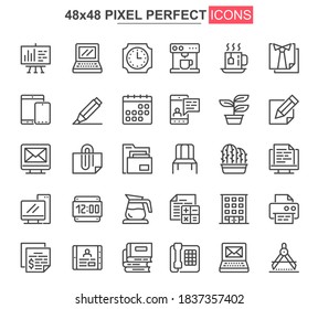 Conjunto de iconos de línea delgada del área de trabajo. Lugar de trabajo corporativo, espacio de coworking, iconos de diseño únicos. Flujo de trabajo del negocio, paquete vectorial de esquema de administración corporativa. Paquete de pictograma lineal perfecto de 48x48 píxeles.