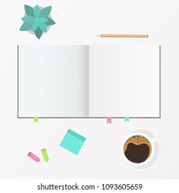 Workspace top view. Blank book open with coffee cup and office element. Vector illustration.
