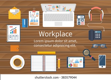 Workspace, top view. Business office. Flat design vector illustration. Desk for: businessman, designer, student, office worker. Workstation for financial transactions, training, planning, marketing