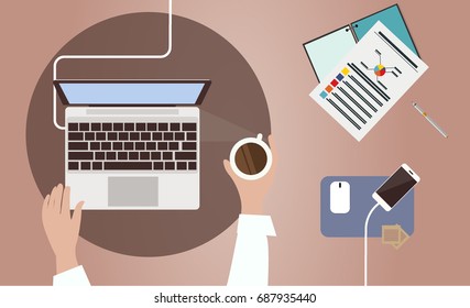 Workspace top view composition human hand which works at the computer and different things around vector illustration
