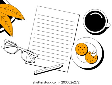 Arbeitsbereich-Draufsicht, Kopienraum. Weißes Schreibtisch mit weißem Papier. Vektorset von Arbeitswerkzeugen.