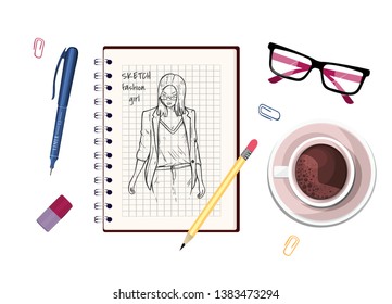 Workspace top view. Cup of coffee. Spring pad with a sketch. Stationery. Desktop. Vector graphics