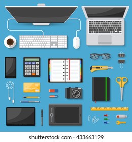 Workspace top view decorative icons set with gadgets coffee organizer stationery on blue background isolated vector illustration