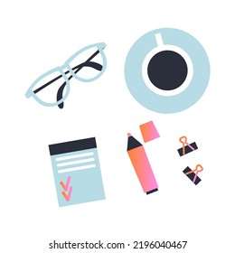 Workspace. Top view of desk, glasses, planner, coffee, cactus. Flat Vector illustration. 