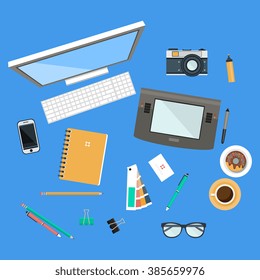 Workspace Top View. Flat icon Vector Illustration