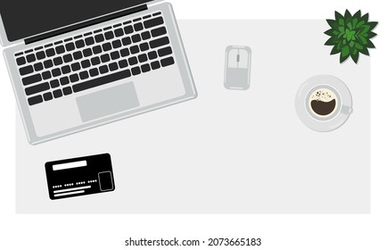 Workspace top view with laptop coffee cup and plastic card. Flyer, poster, background with place for advertising text. Vector flat illustration