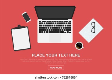 Workspace in top view. Modern workplace design concept. Laptop and smartphone, cup of coffee, glasses with notebook and blank clipboard. Vector
