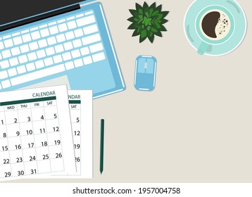 Workspace top view. On the table are a laptop, calendar, coffee, and plant. Vector illustration