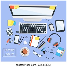 Workspace top view vector illustration. Office equipment and office supplies flat style design elements.