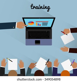 Workspace training design flat. Business training, training course, learning and train, education and computer training, business office, technology and management, computer laptop illustration