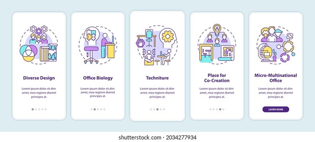 Workspace trends onboarding mobile app page screen with concepts. Diverse design, techniture walkthrough 5 steps graphic instructions. UI, UX, GUI vector template with linear color illustrations