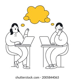 Workspace with two talking people, they are sitting in front of each other with laptops and have the common speech bubble. Teamwork, discussion of something, conversation. Thin lie elegance vector