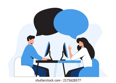 Workspace with two talking people, they are sitting in front of each other with laptops and have the common speech bubble. Teamwork, discussion of something, conversation. Thin lie elegance vector