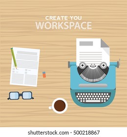 Workspace with typewriter, coffee mug, notes and pencil on wooden table.