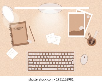 Arbeitsbereich, Vektorgrafik in den Brauntönen. Desktop-Hintergrund. Schreibtischvektor