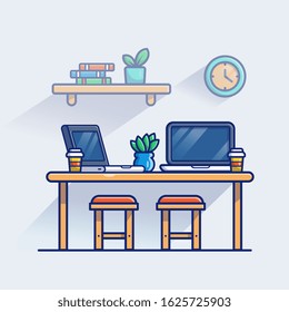 Workspace Vector Icon Illustration. Monitor And Laptop On Table. Workspace Icon Concept White Isolated. Flat Cartoon Style Suitable for Web Landing Page, Banner, Flyer, Sticker, Card, Background