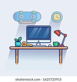Workspace Vector Icon Illustration. Monitor And Laptop On Table. Workspace Icon Concept White Isolated. Flat Cartoon Style Suitable for Web Landing Page, Banner, Flyer, Sticker, Card, Background