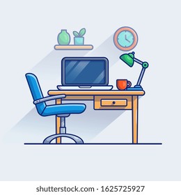 Workspace Vector Icon Illustration. Monitor And Laptop On Table. Workspace Icon Concept White Isolated. Flat Cartoon Style Suitable for Web Landing Page, Banner, Flyer, Sticker, Card, Background