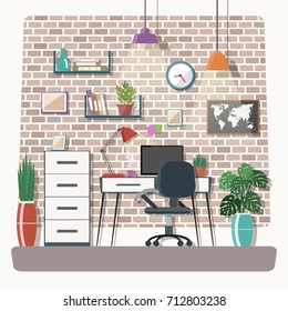 Workspace vector illustration. Creative office interior. Workpla