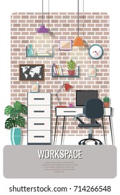Workspace vector illustration. Creative office interior. 