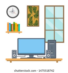 Workspace vector illustration. interior office workspace flat design concept