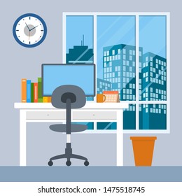 Workspace vector illustration. interior office workspace flat design concept
