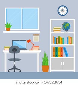 Workspace vector illustration. interior office workspace flat design concept