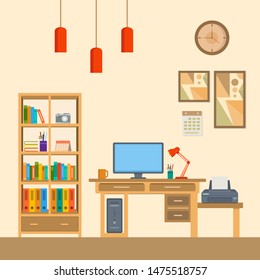 Ilustración vectorial de área de trabajo. concepto de diseño plano del espacio de trabajo de la oficina interior
