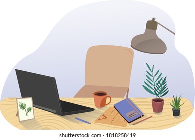 Workspace vector illustration. Office.  Work table, laptop, personal computer. Freelance routine. Mockup workspace desk and copy space books,plant and coffee on wood desk. Modern interior. 