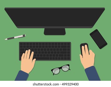 Workspace Vector Illustration. Top view of modern business office desk and workspace table. Top view of monitor, keyboard, mobile, pen, glasses, mouse. Man working at a computer