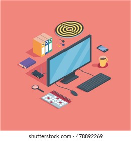 Workspace, vector isometric illustration, icon set: computer, book, calendar, coffee, telephone, darts