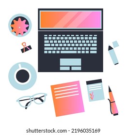 Vector de escritorio. Vista superior del escritorio, portátil, documentos, bloc de notas, planificador, café, cactus, gafas. Experiencia empresarial, organización. Espacio de trabajo, análisis, optimización, administración. Ilustración plana.