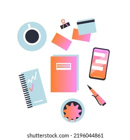 Workspace Vector. Top view of desk,  documents, notepad, planner, coffee, cactus, telephone. Business experience, organization. Workspace, analytics, optimization, management. Flat illustration.