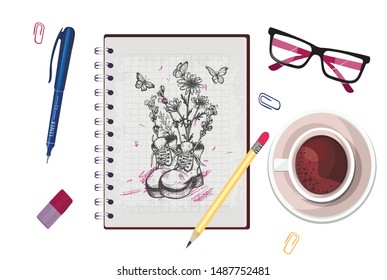 Workspace view from above. Coffee mug, notebook, pen, eraser, glasses. Vector graphics.