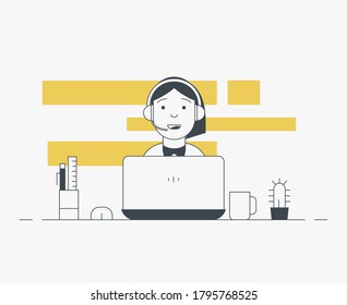 Workspace of web designer or programmer with laptop. Flat style line vector. Online customer service support. Thin line modern style vector illustration. Working with notebook and headphones.