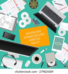 Workspace of the web developer, software developer. Mock up for creating your own modern creative office desktop workshop style. Flat design vector mock up. Vector illustration