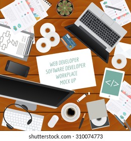 Workspace of the web developer, software developer. Mock up for creating your own modern creative office desktop workshop style. Flat design vector mock up. Vector illustration
