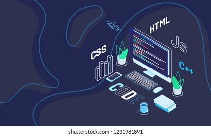 Workspace of web developer with text code on abstract blue background. Isometric design for software development.
