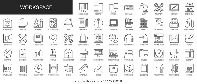 Workspace web icons set in thin line design. Pack of office, workplace, computer, teamwork, statistic, tools, brainstorm, presentation, document, other outline stroke pictograms. Vector illustration.