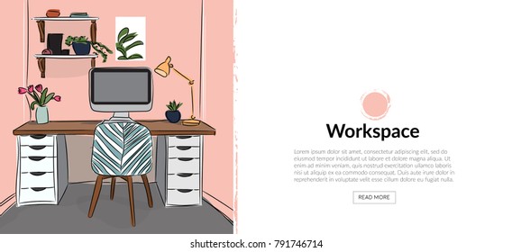 workspace web site banner. interior design illustration. office study furniture. workplace. 