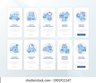 Workspace wellness onboarding mobile app page screen with concepts set. Lifestyle coaching, meditation breaks walkthrough 5 steps graphic instructions. UI vector template with RGB color illustrations