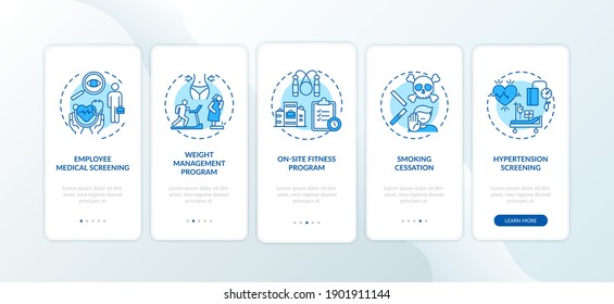 Workspace wellness programs onboarding mobile app page screen with concepts. Medical screening, sport walkthrough 5 steps graphic instructions. UI vector template with RGB color illustrations