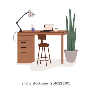 Espacio de trabajo con escritorio de madera, ordenador portátil, silla. Cómodo lugar de trabajo con lámpara de mesa, planta, ordenador portátil y taza de café. Muebles de oficina. Ilustración vectorial plana aislada sobre fondo blanco