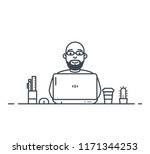Workspace of wordpress web designer or programmer with laptop. Flat style linear vector. Laptop with cactus and pen with ruler. Thin line modern style vector illustration. Working with notebook.