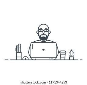 Workspace of wordpress web designer or programmer with laptop. Flat style linear vector. Laptop with cactus and pen with ruler. Thin line modern style vector illustration. Working with notebook.