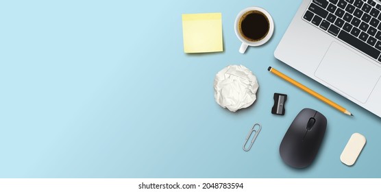 Workspace work desk mockup, realistic  design, on light blue background, in vector format