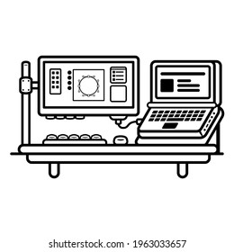 Espacio de trabajo para trabajo desde la ilustración del hogar. Trabajo independiente o programador a partir del concepto de icono del hogar