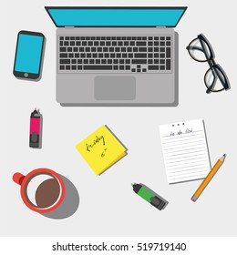 Workspace Work Office Study Desk Top View Vector Illustration