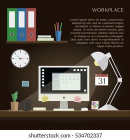 Workspace. Work room modern interior. Workplace with desk, computer, shelves and equipment. Home office. Flat design style, vector illustration.